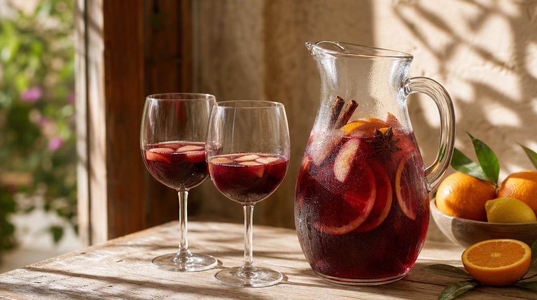 Recept på sangria: röd sangria med frukt i kanna